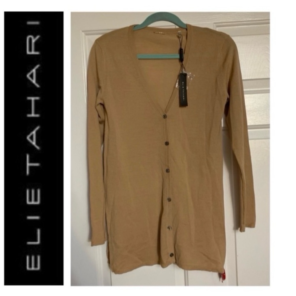 🧤 ELIE TAHARI 100% Merino Wool Tan Split Sides Cardigan NWT $175 XS